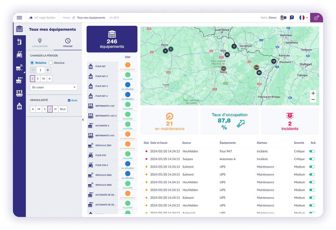 Tableau de bord IoT pour fabricant de machines montrant des équipements sur carte, liste et indicateurs de maintenance