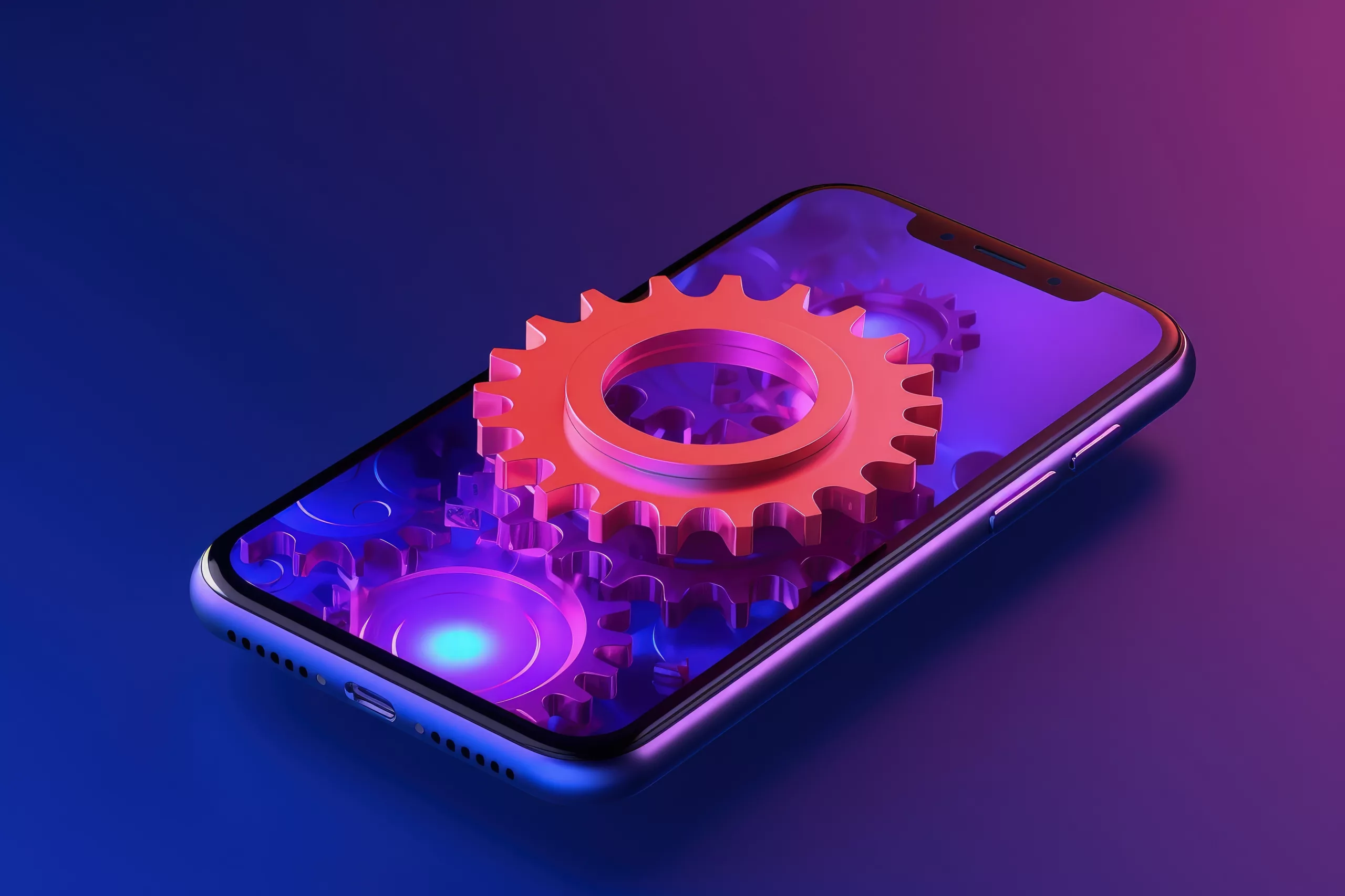 Gears on mobile screen, concept of ingenuity and creativity. Generative AI